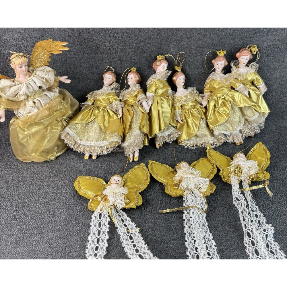 Vintage Lot Of 10 Gold & Lace Ceramic Angel Christmas Ornaments Victorian Decor